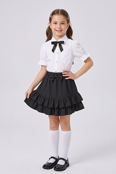nacar çarşı Girl's Black Ribbon Short Sleeve Pearl Detailed Sleeve Ruffle Poc...