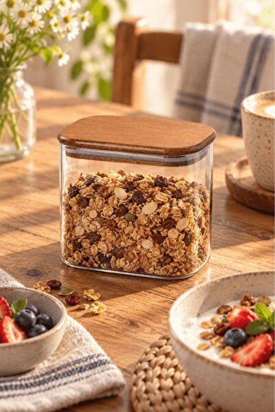 Atbyhome Akasya Ahşap Vakum Kapaklı Dikdörtgen Cam Kavanoz 650 ml - Çay Kahve...