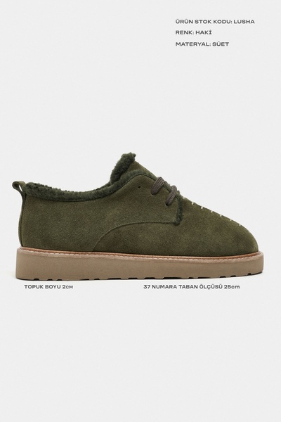NİŞANTAŞI SHOES Lusha Haki Hakiki Süet Deri İçi Kürklü Bağcık Detay Kalın Taban Kadın Ayakkabı