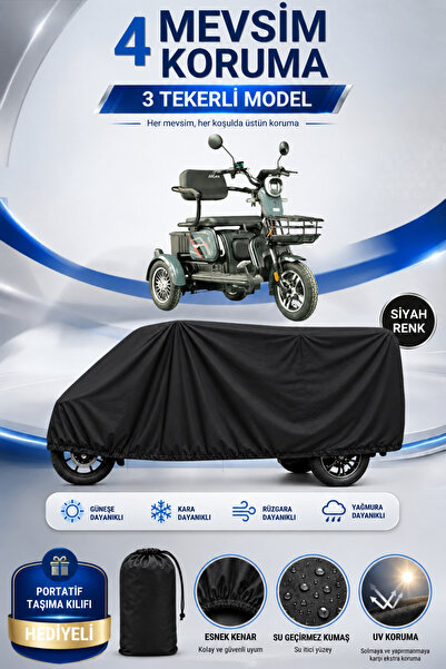 Motobros ARORA RÜZGAR Uyumlu 3 Tekerlekli Elektrikli Araç Brandası Siyah Su Geçirmez UV Korumalı 4 Mevsim Motosiklet Branda