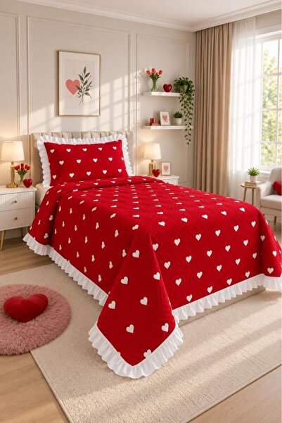Çeyiz Diyarı Ultrasonic Quilted Leman Ruffled Single Pique Set 170X235 cm Red