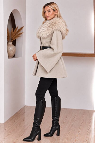 Moda Banuş Fur Collar Belted Cashmere Stone Color Poncho