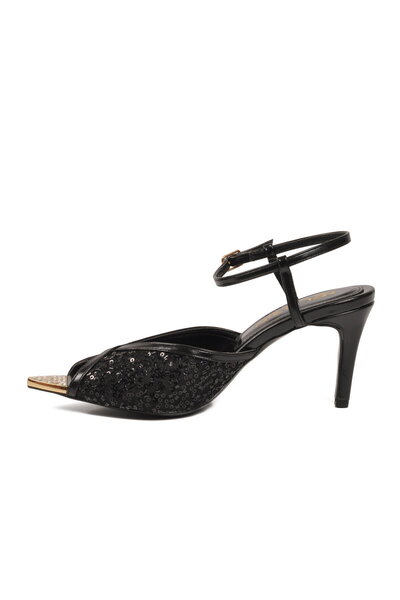 FLORİN Black Thin Heeled Stylish Women's Evening Dress Shoes with Adjustable Ankle Strap 17435
