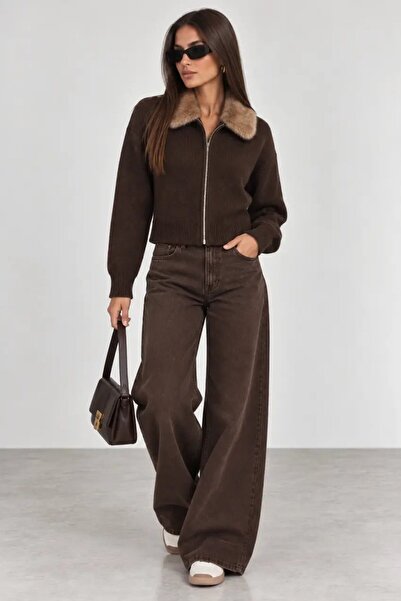 Cool & Sexy Premium Fur Collar Detailed Zippered Knitwear Cardigan
