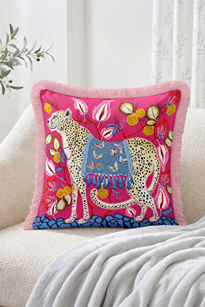 Realhomes Leopard Figured Colorful Floral and Leaf Patterned Fringed-Tasseled...