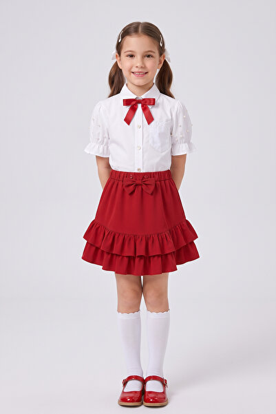 nacar çarşı Girl's Red Ribbon Short Sleeve Pearl Detailed Sleeve Ruffle Pocke...