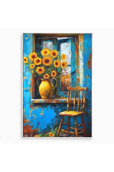Luxcanva Tablou Canvas Floarea Soarelui La Fereastra 50x70 cm cu Rama Arginti...