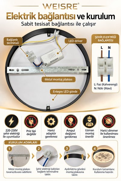 Weisre 3 Renk LED Ay Görünümlü Tavan Duvar Lambası 160° Geniş Açılı Entegre Dekoratif İç Mekan Aydınlatma