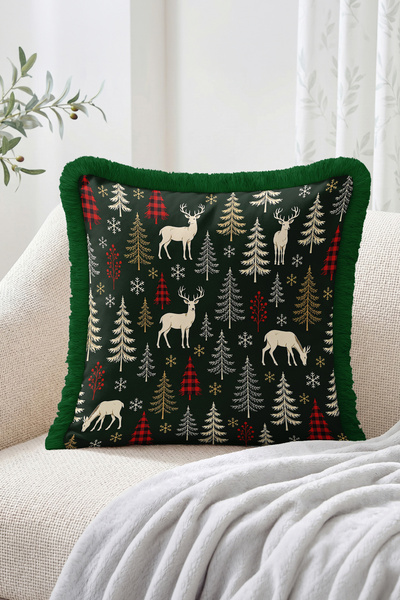 Realhomes Winter Themed Deer and Pine Tree Patterned Fringed-Tasseled Throw P...