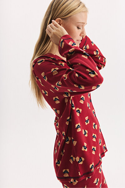 Etoile 100% Cotton Fabric Long Sleeve Front Buttoned Teddy Bear Patterned Shirt Collar Pajama Set 27201-27202