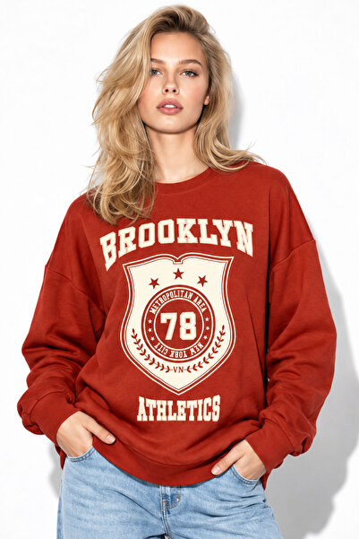 VENA Kadın College Baskılı Sweatshirt %100 Pamuk-Kiremit