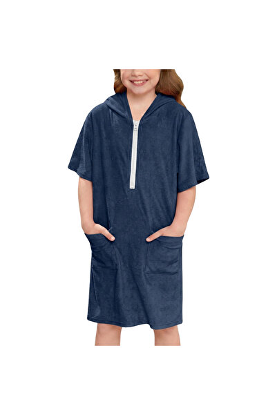 OtherMax Poncho de baie pentru fete cu glugă din bumbac bleumarin 120 cm — pr...