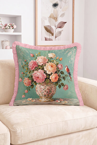 Realhomes Vintage Rose Bouquet and Parrot Figured Vase Patterned Fringed-Tass...