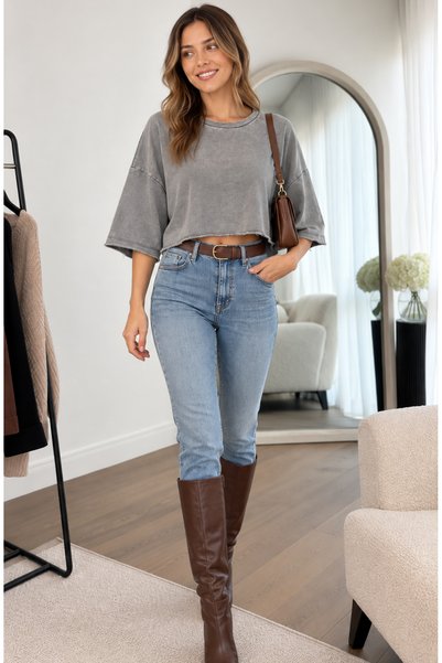 HARMONY GLOBAL Women's Gray Washed Crop Oversize T-Shirt Crew Neck Loose Cut Casual Basic Blouse
