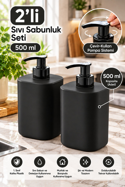 grimorlife 2'li Sıvı Sabunluk Seti 500 ml – Plastik Sıvı Sabun ve Deterjanlık...