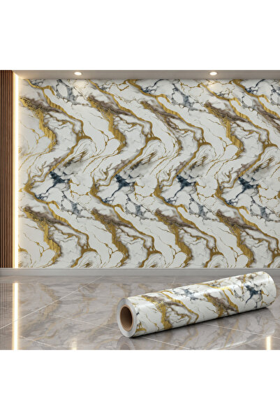 Tapetoo Home Decor Ταπετού ®   Ταπετσαρία Λευκού Μαρμάρου με Χρυσές, Γκρι & Μ...