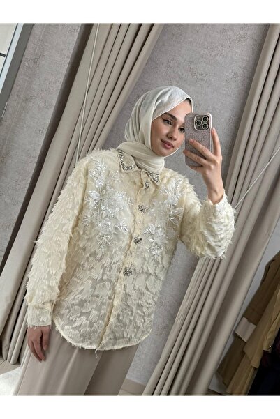 Mimoza Butik MMZ Pul İşlemeli Tasarım Gömlek bej