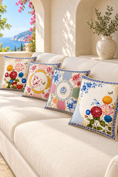 Cango Home Royal Garden Çiçek ve Kuş Desenli Dekoratif Kırlent Kılıfı Seti 4k...