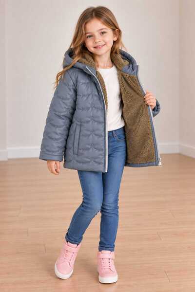 DUBLİNO KİDS Girl's Hooded Water and Wind Resistant Embroidered Coat