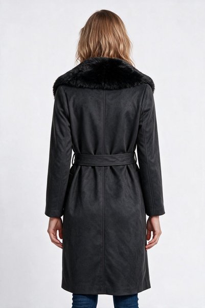 Ekol Women's Suede Textured Wide Fur Collar Belted Midi Length Coat
