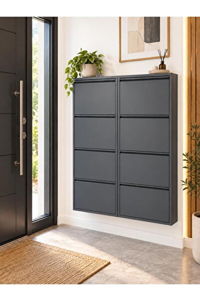 Karlı Home 4+4 Antrasit 16 Çift Kapasiteli Şık Tasarım Metal Ayakkabılık