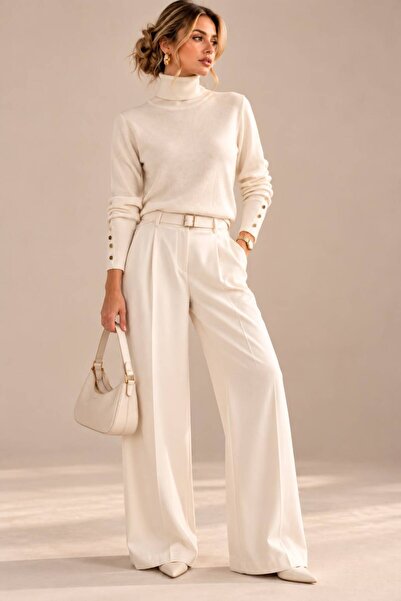 NoraShopOnline Kadın Balıkçı Yaka Gold Düğme Detaylı Triko Kazak