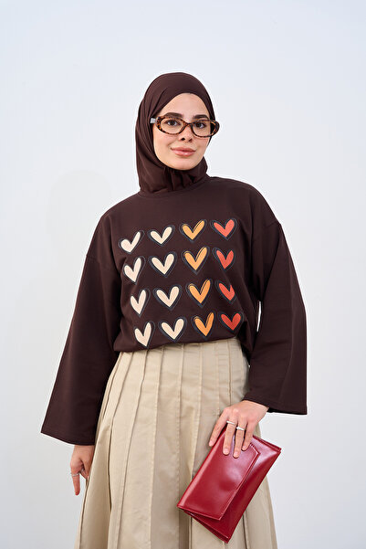 LOCCO Women's Small Heart Printed Long Sleeve Body Brown