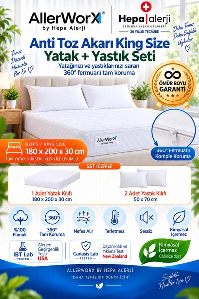 Anti Alerjik Anti Akar Çift Kişilik King Size Geniş Yatak ve Yastık Kılıfı Seti 180x200x30 cm Ömür Boyu Garantili