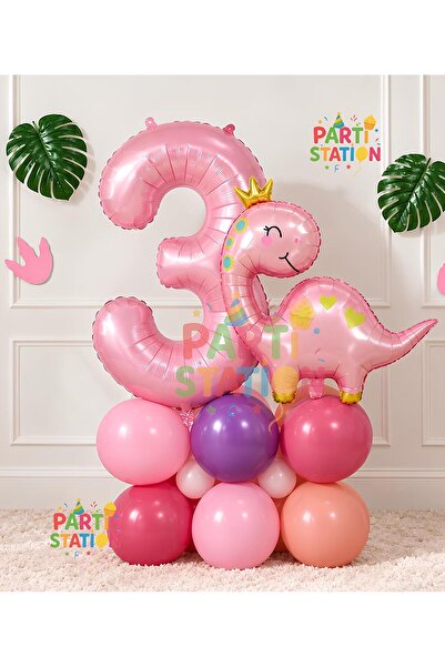 Parti Station Cute Pink Dinosaur Concept 3 Years Old - 10 Piece Birthday Ball...
