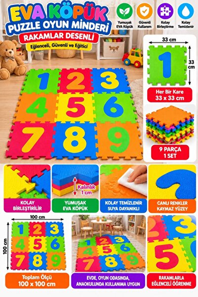 BYCEGU 9 Parça Rakam Desenli EVA Köpük Puzzle Oyun Matı – 33x33 cm Eğitici Ye...