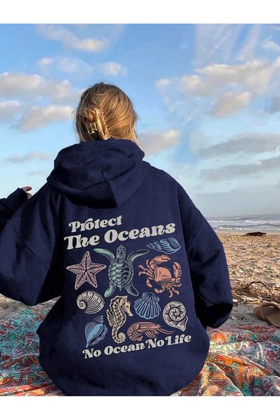 Lacivert Oversize Kapüşonlu Sweatshirt Pamuklu Baskılı Kadın / Kız