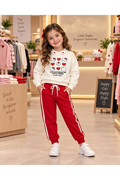 mirkidsclub Girl's Hello Kitty Printed Polo Collar Tracksuit Set Sweatshirt P...