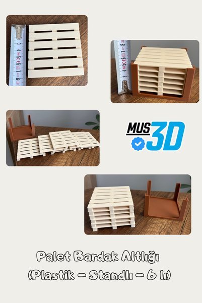 Mus3D Modern Pallet Design 6-Piece Coaster Set with Stand - Decorative Wood Look Desktop Coffee/Tea Presentation Set (8 cm X 8 cm)