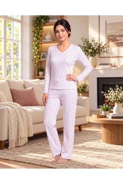 Alperi Women's V-Neck Long Sleeve Polka Dot Viscose Pajama Set - Modern, Simp...