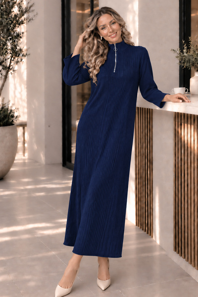 benguen Ribbed Knitwear Dress with Zipper on the Collar K3018 Navy Blue