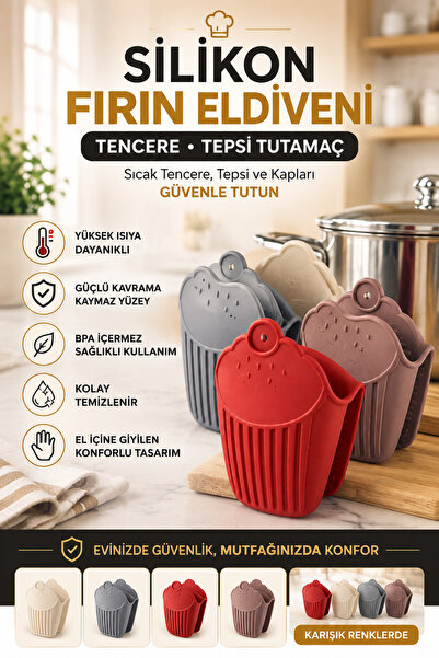 PLASTMARKET Silikon Fırın Eldiveni - Isıya Dayanıklı Tencere Tepsi Tutamaç - ...