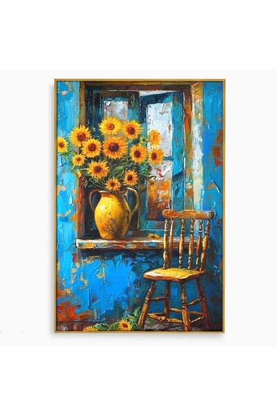 Luxcanva Tablou Canvas Floarea Soarelui La Fereastra 40x60 cm cu Rama Auriu C...