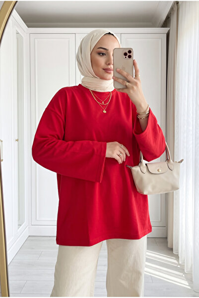 Kirazca Butik Kadın Bisiklet Yaka Salaş Uzun Kollu Bluz Tunik
