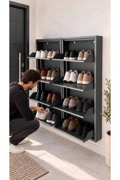 Karlı Home 4+4 Antrasit 16 Çift Kapasiteli Şık Tasarım Metal Ayakkabılık