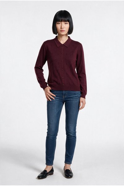 on Women's Polo Collar Buttoned Knitted Sweater Long Sleeve Standard Fit Sweater
