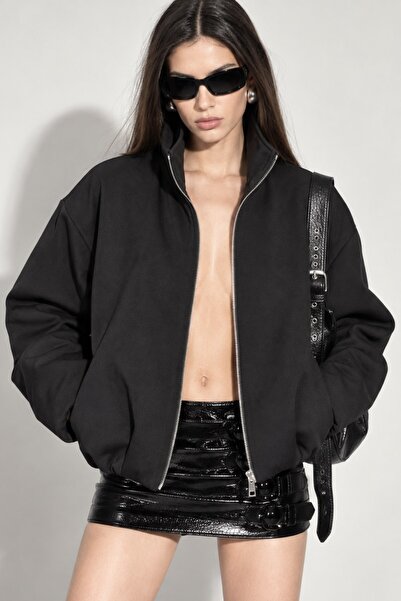 The Champ Clothing Kadın Vanta Oversize Bomber Ceket Siyah – Dik Yaka, Tam Fe...