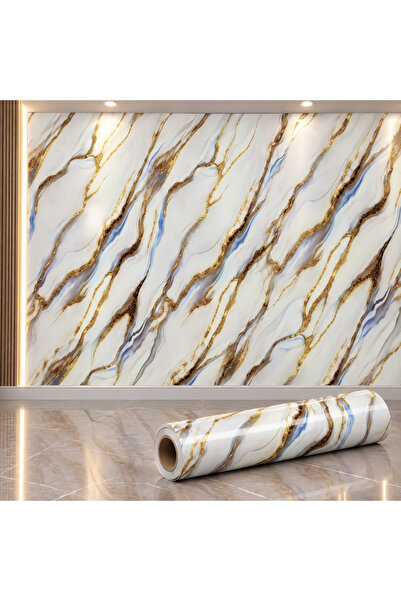 Tapetoo Home Decor Ταπετού ®   Ταπετσαρία Λευκού Μαρμάρου με Χρυσές & Μπλε Φλ...