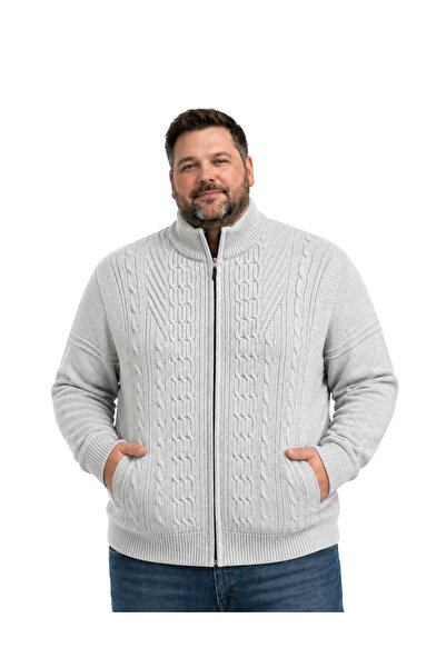BattalModa Erkek Büyük Beden Açık Gri Örgülü Hattush Dik Yaka Triko Hırka 3XL...
