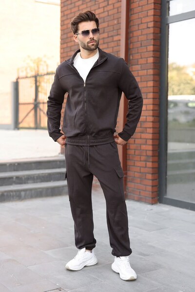 Madmext Acı Kahve Men's Tracksuit Set with Stand Collar and Cargo Pockets E7370