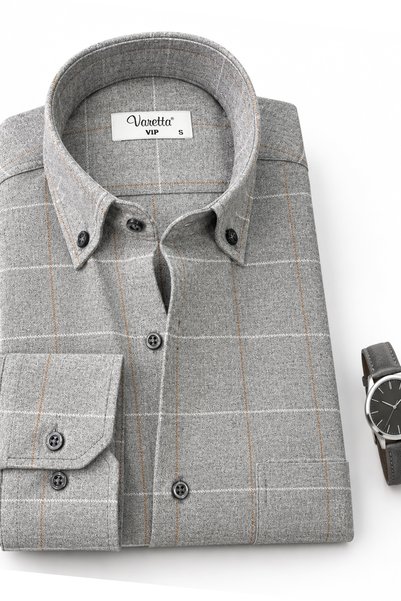 Varetta Men's Cloud Gray Winter Shirt with Checkered Collar, Buttoned Pockets, Relaxed Fit
