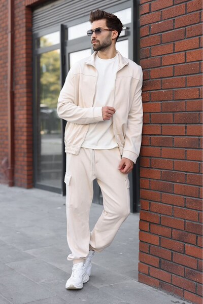 Madmext Beige Stand Collar Men's Tracksuit Set with Cargo Pockets E7370