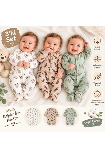 %100 PAMUKLU 3LÜ DESENLİ BEBEK TULUM SETİ