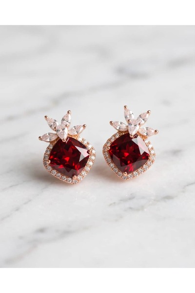 Portakal Esintisi Granata Red Square Cut Halo Zircon Stone Flower Detailed St...