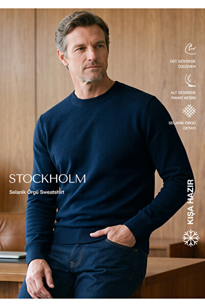 simpleQloth Stockholm | Bisiklet Yaka Sweatshirt-Koyu Lacivert