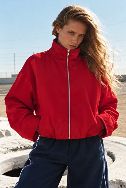 The Champ Clothing Kadın Vanta Oversize Bomber Ceket Kırmızı – Dik Yaka, Tam ...
